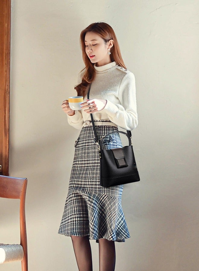 DUNISO Women's crossbody bag, PU leather bucket shaped handbag, adjustable shoulder strap, with square magnetic buckle, suitable for storing mobile phones, power banks, umbrellas, cosmetics, 21 * 35 * 19cm, black - Image 5
