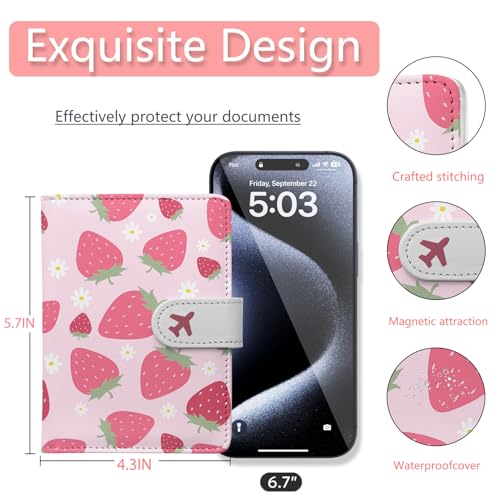 LumeTrav Passport Holder, Travel Wallet Cover with Pen Loop | Cute RFID Blocking Leather Case with Magnetic Closure for Travel Essentials-Strawberry - Image 4
