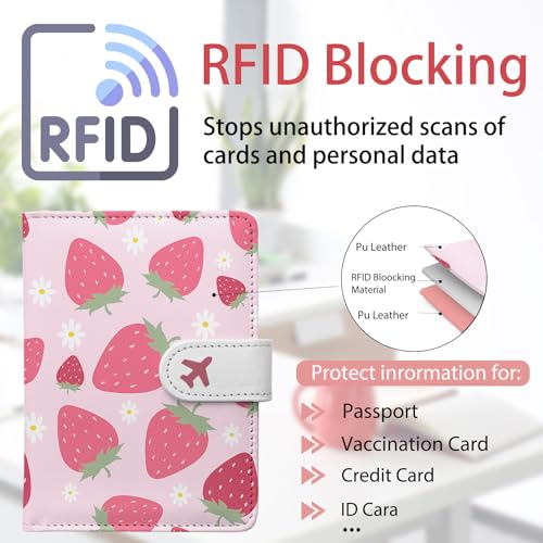LumeTrav Passport Holder, Travel Wallet Cover with Pen Loop | Cute RFID Blocking Leather Case with Magnetic Closure for Travel Essentials-Strawberry - Image 3