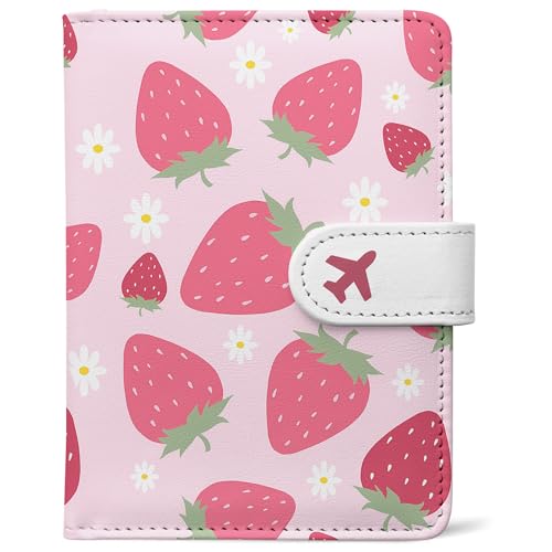 LumeTrav Passport Holder, Travel Wallet Cover with Pen Loop | Cute RFID Blocking Leather Case with Magnetic Closure for Travel Essentials-Strawberry - Image 1