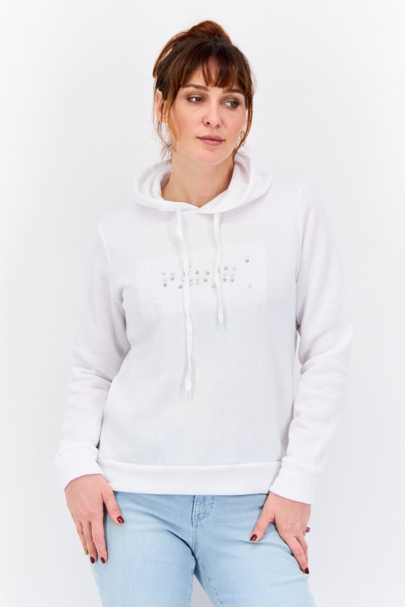 Buzz سويت شيرت منسوج بغطاء رأس للنساء، أبيض - Image 1