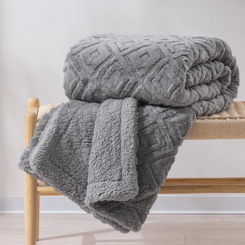 EVERGRACE Jacquard Boho Sherpa Fleece Throw Blanket for Couch Super Soft Cozy Fuzzy Plush Blankets for Winter Reversible Thick Warm Blanket for Bed Sofa Living Room Grey 60 x 80