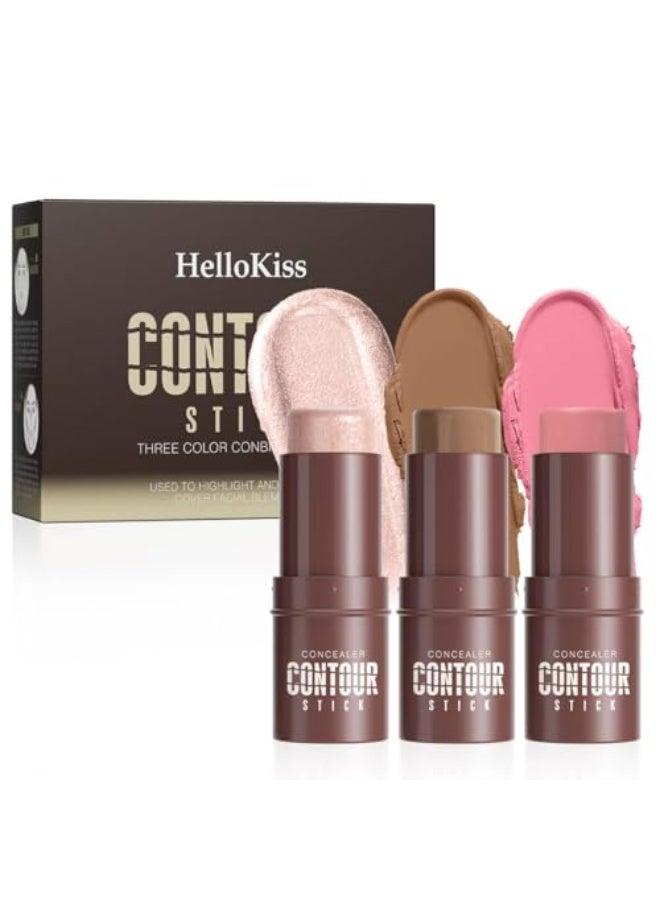 HelloKiss 3Set Contouring Stick Set: Blush Bronzer Highlighter Trio for Natural Makeup, Long-Lasting & Travel-Friendly | Ideal for Middle Eastern Climate (Set-A, Standard) - Image 1