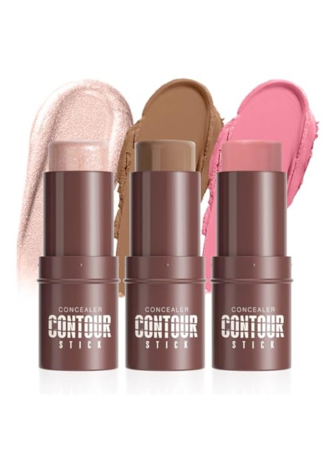 HelloKiss 3Set Contouring Stick Set: Blush Bronzer Highlighter Trio for Natural Makeup, Long-Lasting & Travel-Friendly | Ideal for Middle Eastern Climate (Set-A, Standard) - Image 2