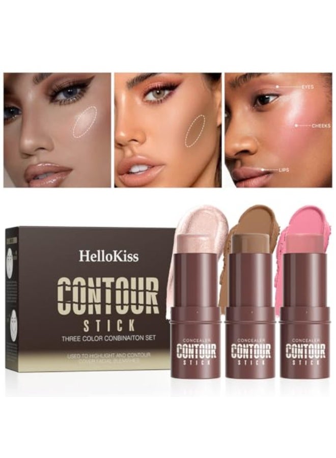 HelloKiss 3Set Contouring Stick Set: Blush Bronzer Highlighter Trio for Natural Makeup, Long-Lasting & Travel-Friendly | Ideal for Middle Eastern Climate (Set-A, Standard) - Image 3