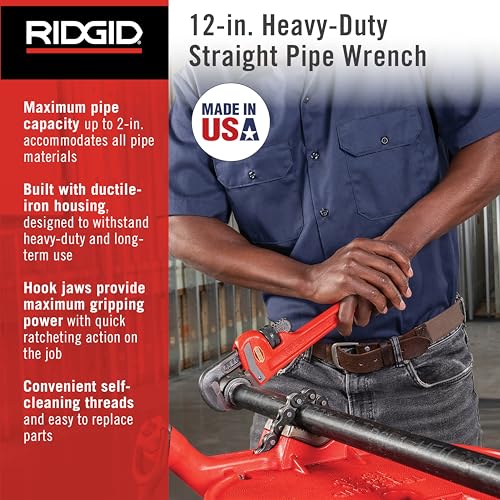 RIDGID 31015 Heavy-Duty Straight Pipe Wrench, 12" Sturdy Plumbing Wrench with Self Cleaning Threads and Hook Jaws, Red, Small - Image 3