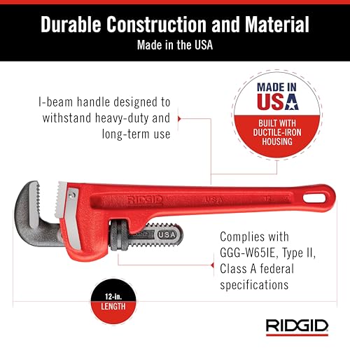 RIDGID 31015 Heavy-Duty Straight Pipe Wrench, 12" Sturdy Plumbing Wrench with Self Cleaning Threads and Hook Jaws, Red, Small - Image 5