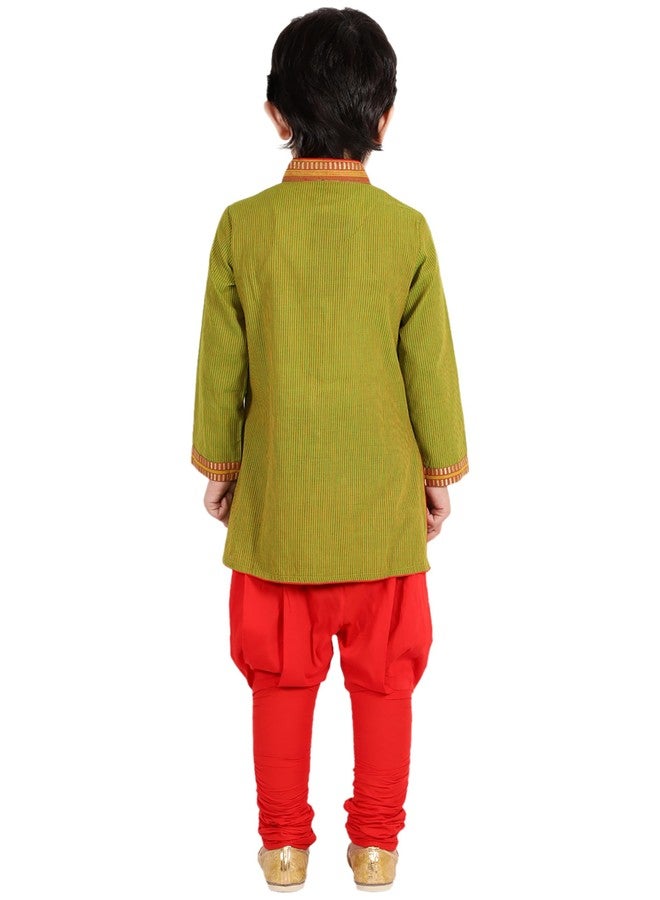 Twisha Boys Cotton Stripe Button Down Kurta & Pyjama Set - Green & Red - Image 3