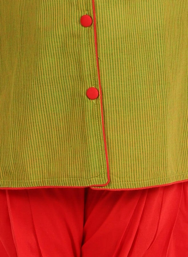 Twisha Boys Cotton Stripe Button Down Kurta & Pyjama Set - Green & Red - Image 4