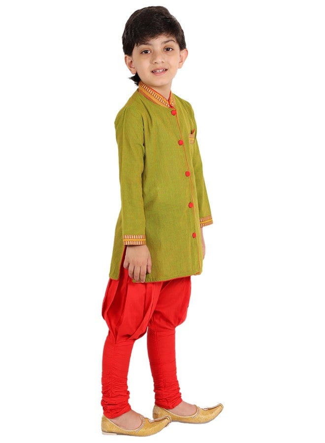 Twisha Boys Cotton Stripe Button Down Kurta & Pyjama Set - Green & Red - Image 5