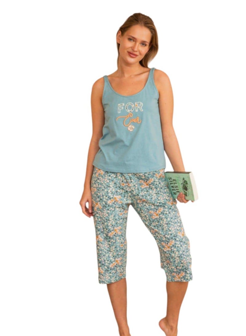 KERA Cotton women printed sleeveless with bermoda pajamas set - Image 1