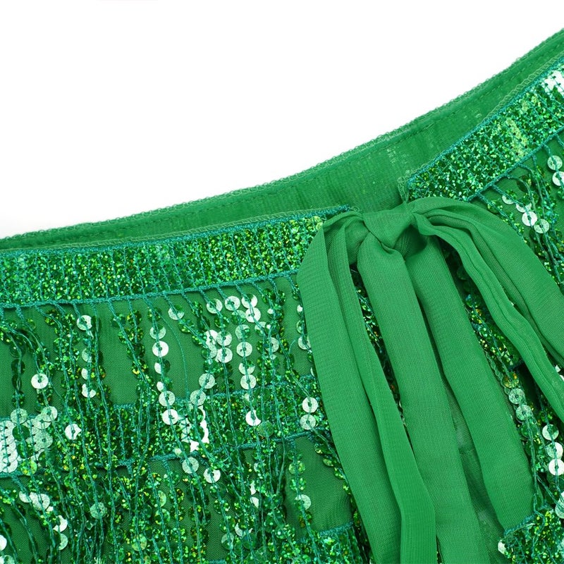 Fenyong Women's Sequin Tassel Skirts Sparkly Rave Fringe Hip Scarf for Festival Costume(Green) - Image 3