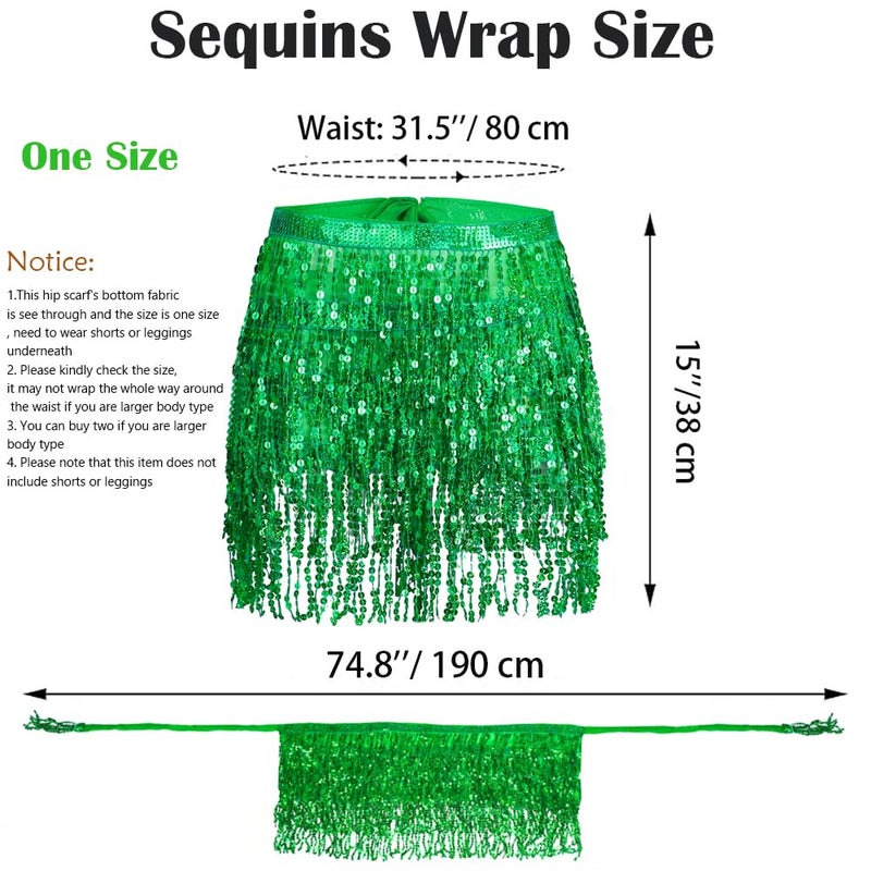 Fenyong Women's Sequin Tassel Skirts Sparkly Rave Fringe Hip Scarf for Festival Costume(Green) - Image 2