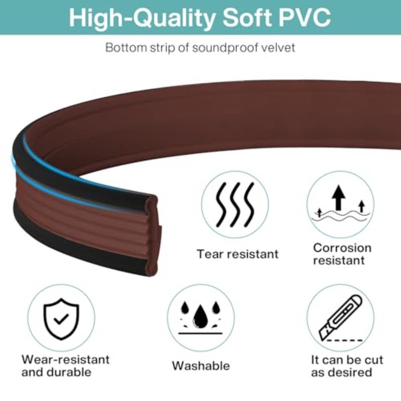 سدادة مسودة الباب 100 سم، مانعة للرياح من مادة PVC تحت الباب، شريط مزدوج للطقس، ممسحة باب عازلة، قابلة للقطع، مقاومة للحشرات، شريط عازل للصوت، مانع لتيارات الهواء أسفل الباب بني - Image 5