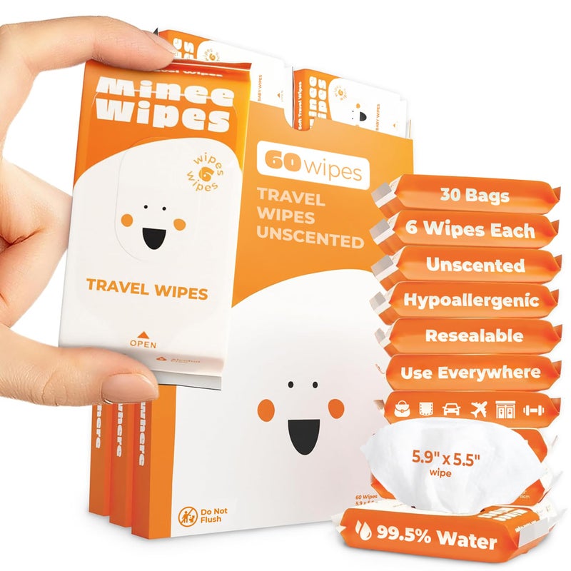 MOONIES Impossibly Compact Travel Wipes - 99.5% Water - Safe for Sensitive Skin & Hypoallergenic, Resealable, Thick & Durable - For Adults, Kids & Baby Care - Unscented, 30 Pack Total 180 Wipes - Image 1