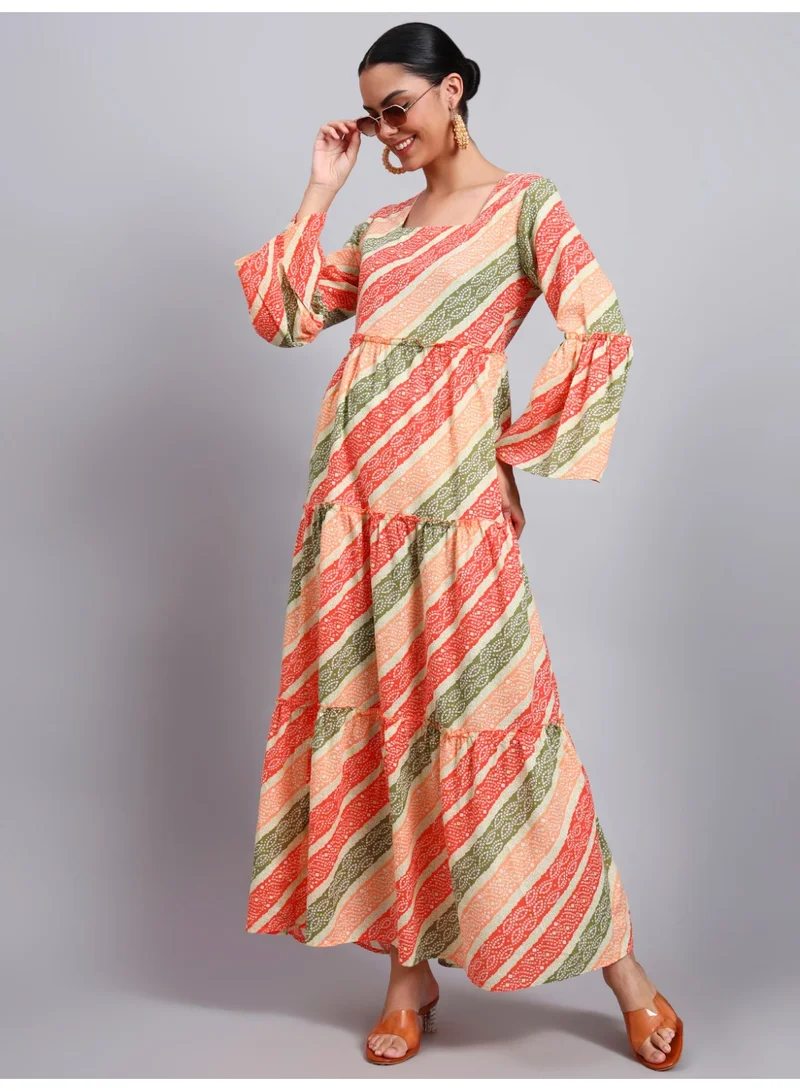 Alaya Women Printed Cotton Jalabiya with Bell Sleeves & Square Neckline-AL4050