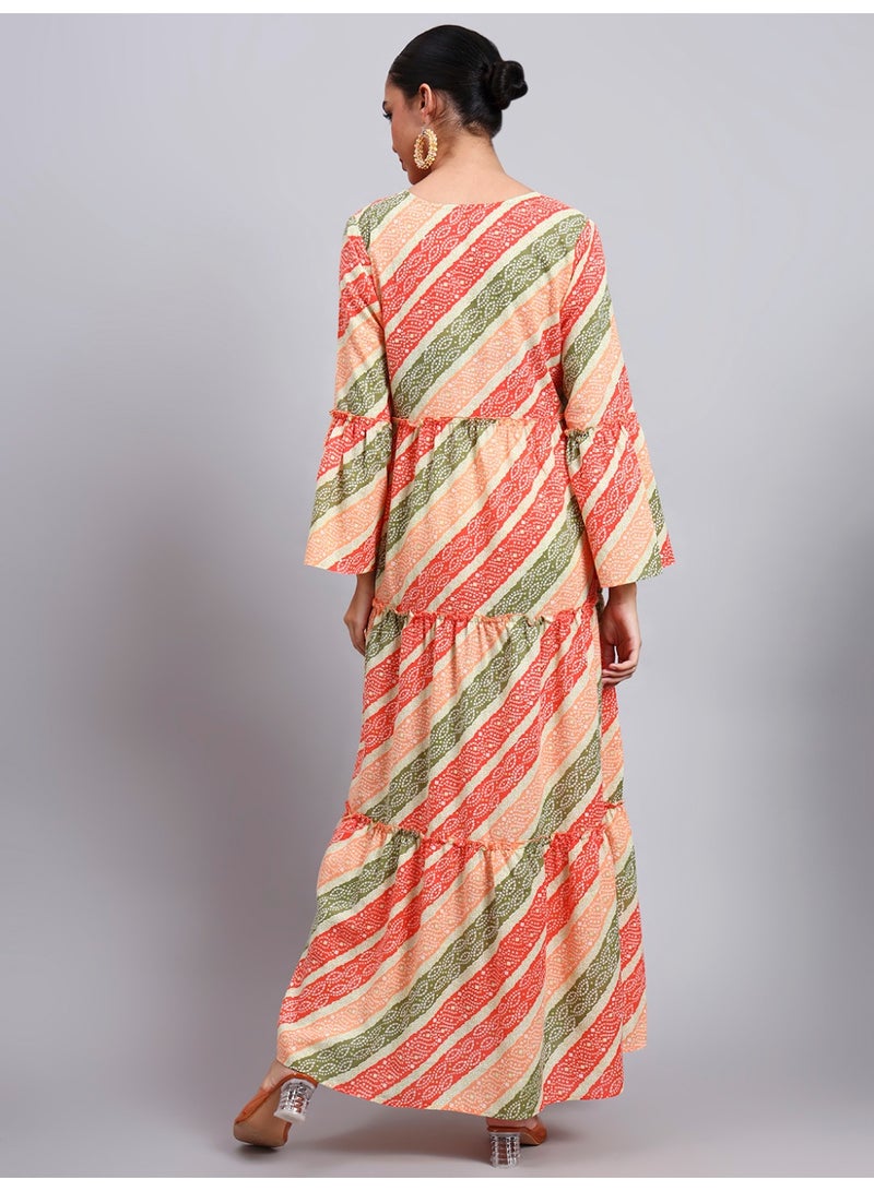 الايا جلابية قطنية مطبوعة للنساء بأكمام الجرس وفتحة رقبة مربعة - Image 2