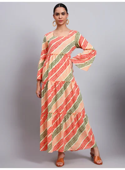 Alaya Women Printed Cotton Jalabiya with Bell Sleeves & Square Neckline-AL4050