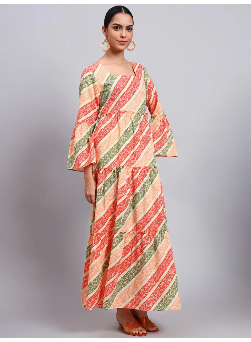 Alaya Women Printed Cotton Jalabiya with Bell Sleeves & Square Neckline-AL4050