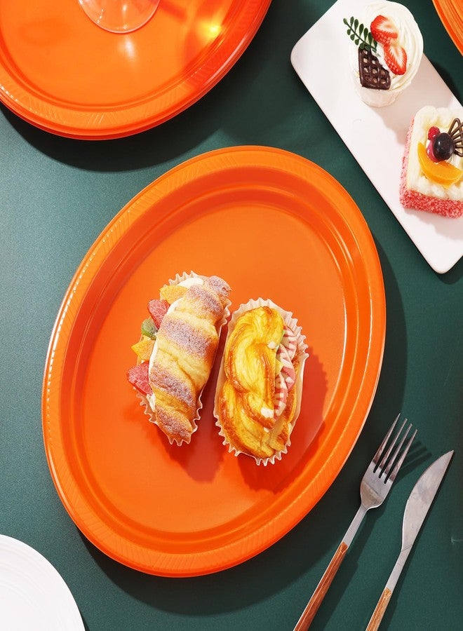 BONSINY 50 Count Orange Plastic Plates Disposable 10" x 12" - Oval Orange Plates for Birthday Picnic Fall Halloween Thanksgivng Party - Image 4