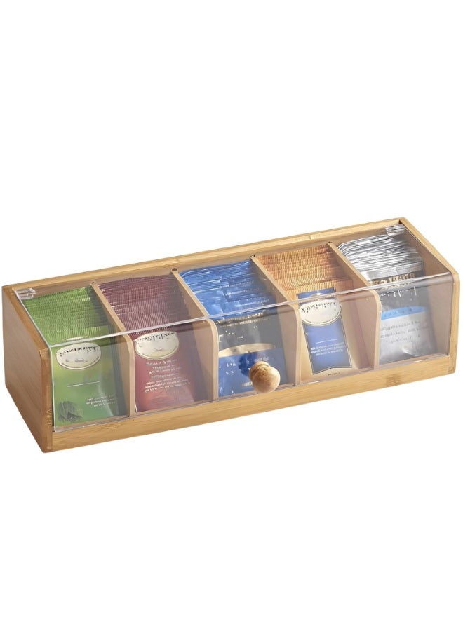 Arabest Bamboo Tea Bag Organizer with Acrylic Window, 5 Compartments Tea Storage Box for Teabags, Home Kitchen, Office, Countertop Tea Station, Tea Holder for Pantry, Drawer, Cabinet - Image 1
