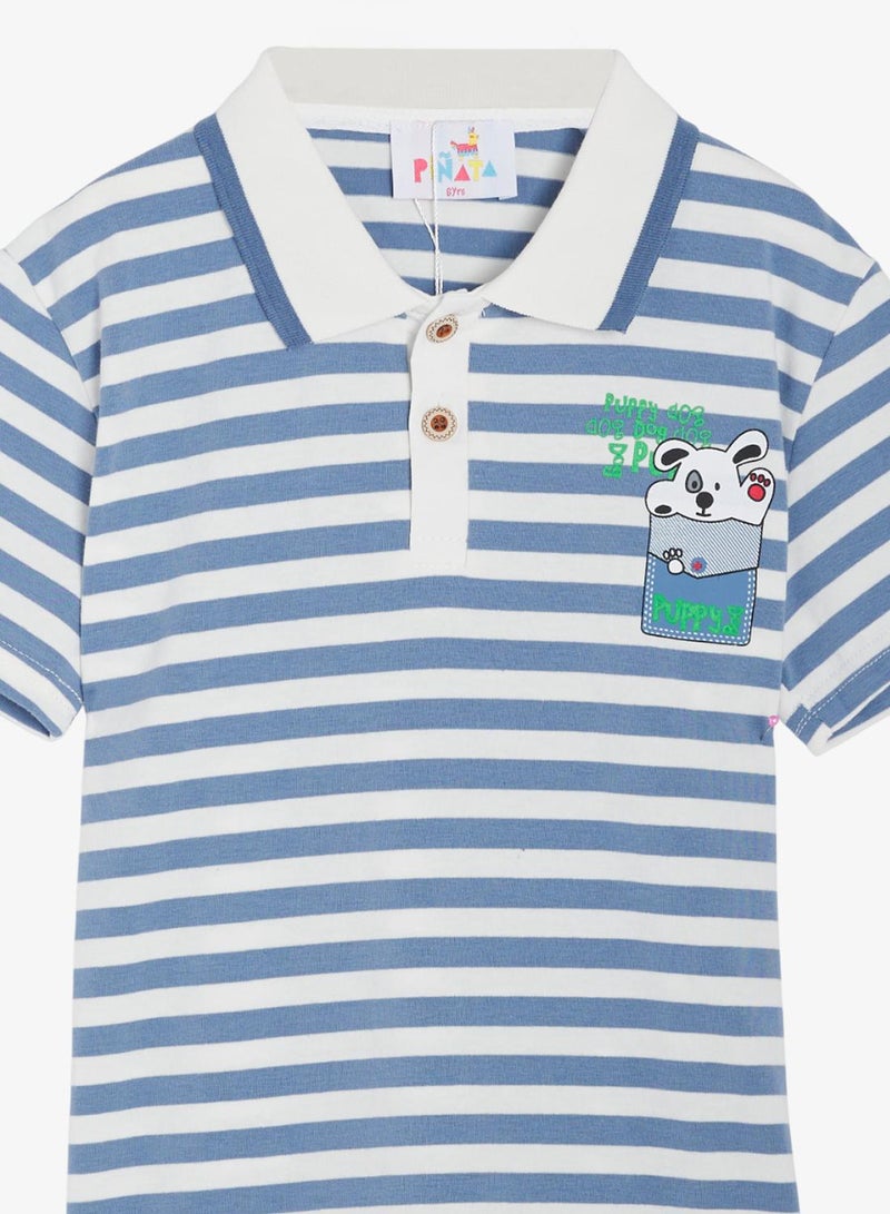 Pinata Cute Puppy Print Stripe Cotton Polo Tshirt - Image 4