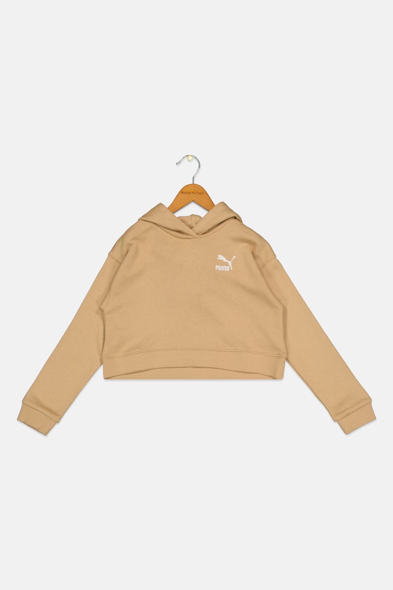 PUMA Kids Girl Embroidered Logo Long Sleeve Outdoor Hoodie, Tan - Image 1