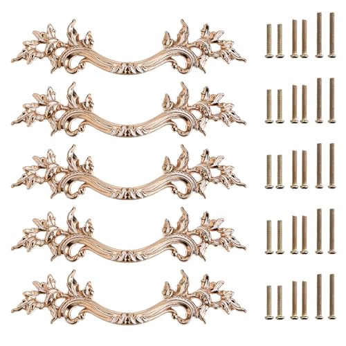 JUXYES Pack of 5 European Style Vintage Cabinet Handles Pulls, Antique Decorative Dresser Drawer Pulls Retro Drawer Pull Handles Knobs for Cupboard Cabinet (Golden) - Image 1