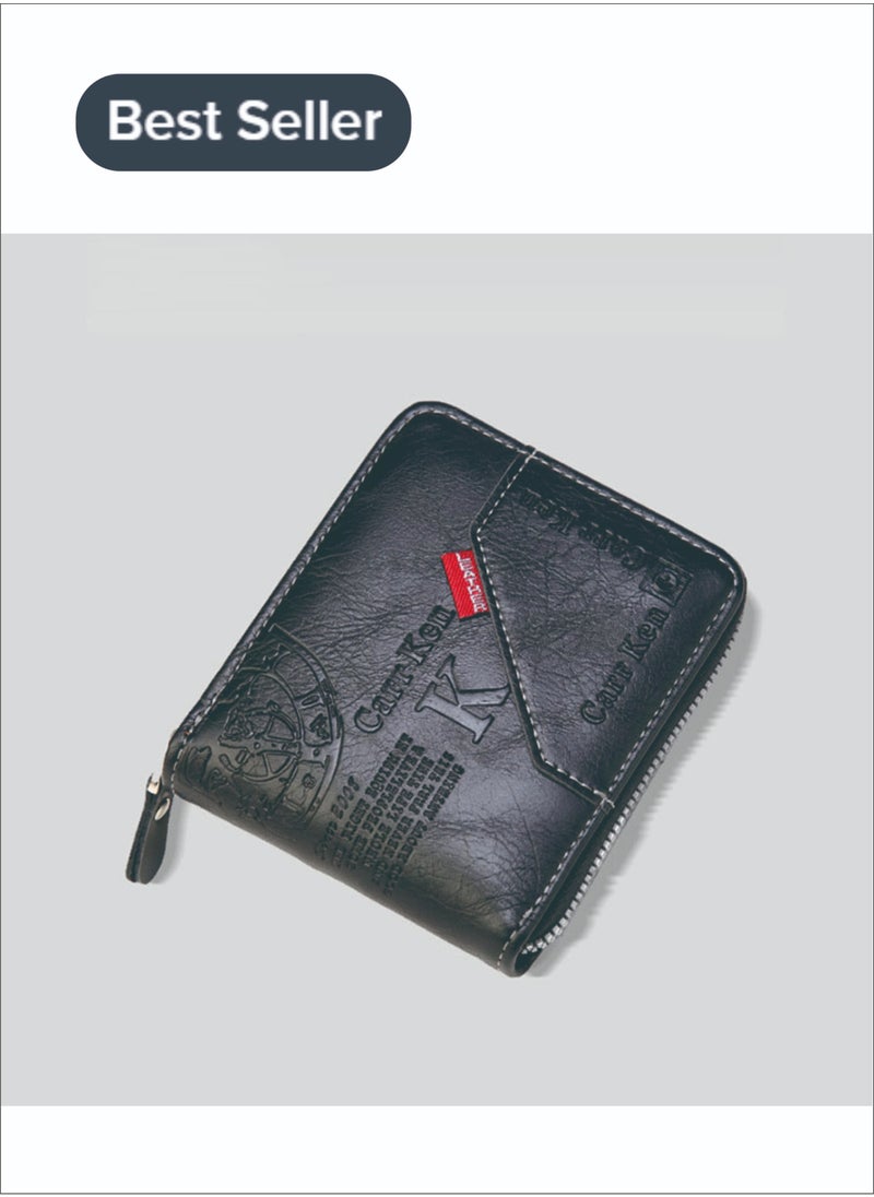 CarrKen - Men's Short Retro Horizontal Style Comfortable Mini Wallet Driver's Document Bag Combining Pickup Card Bag Zipper Coin Purse Black - Image 1