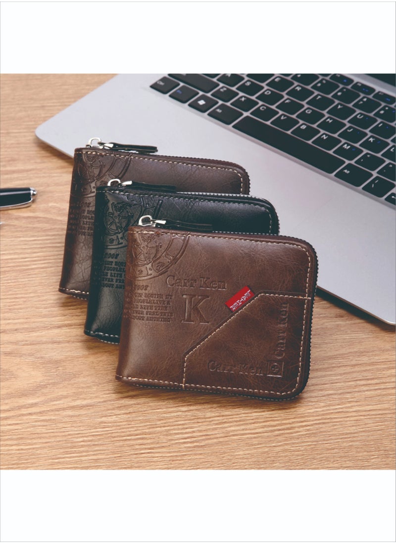 CarrKen - Men's Short Retro Horizontal Style Comfortable Mini Wallet Driver's Document Bag Combining Pickup Card Bag Zipper Coin Purse Black - Image 1