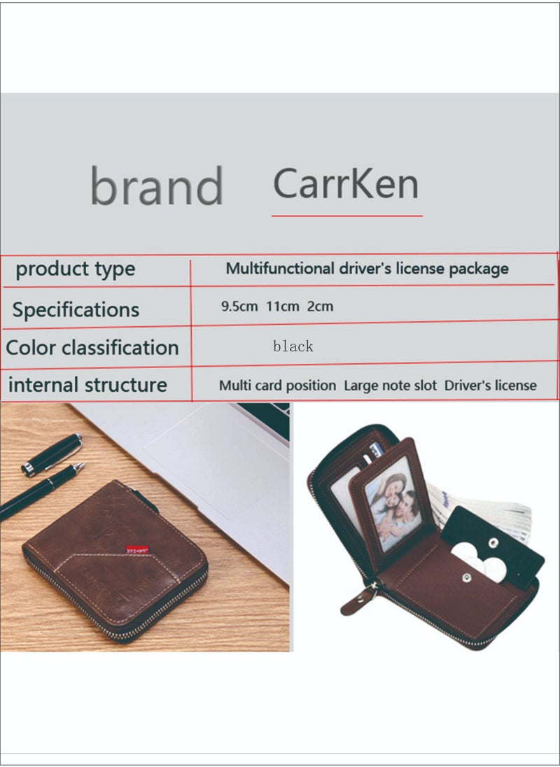 CarrKen - Men's Short Retro Horizontal Style Comfortable Mini Wallet Driver's Document Bag Combining Pickup Card Bag Zipper Coin Purse Black - Image 1