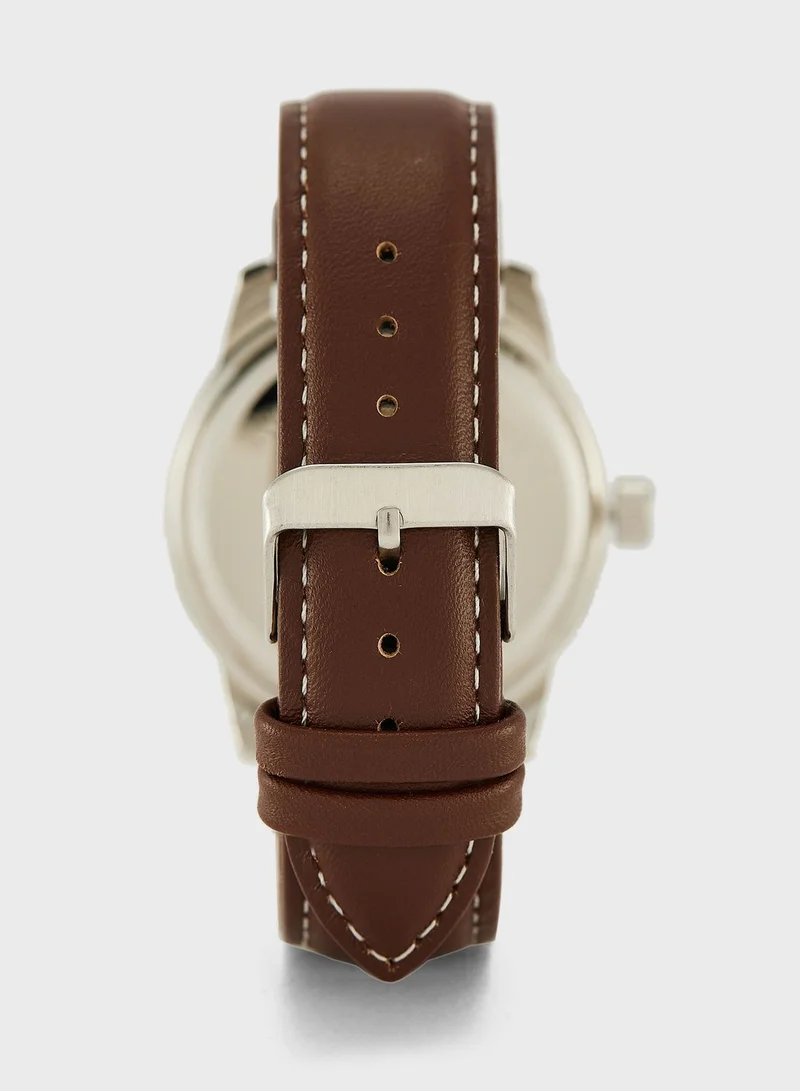 Robert Wood Leather Strap Classic Analogue Watch