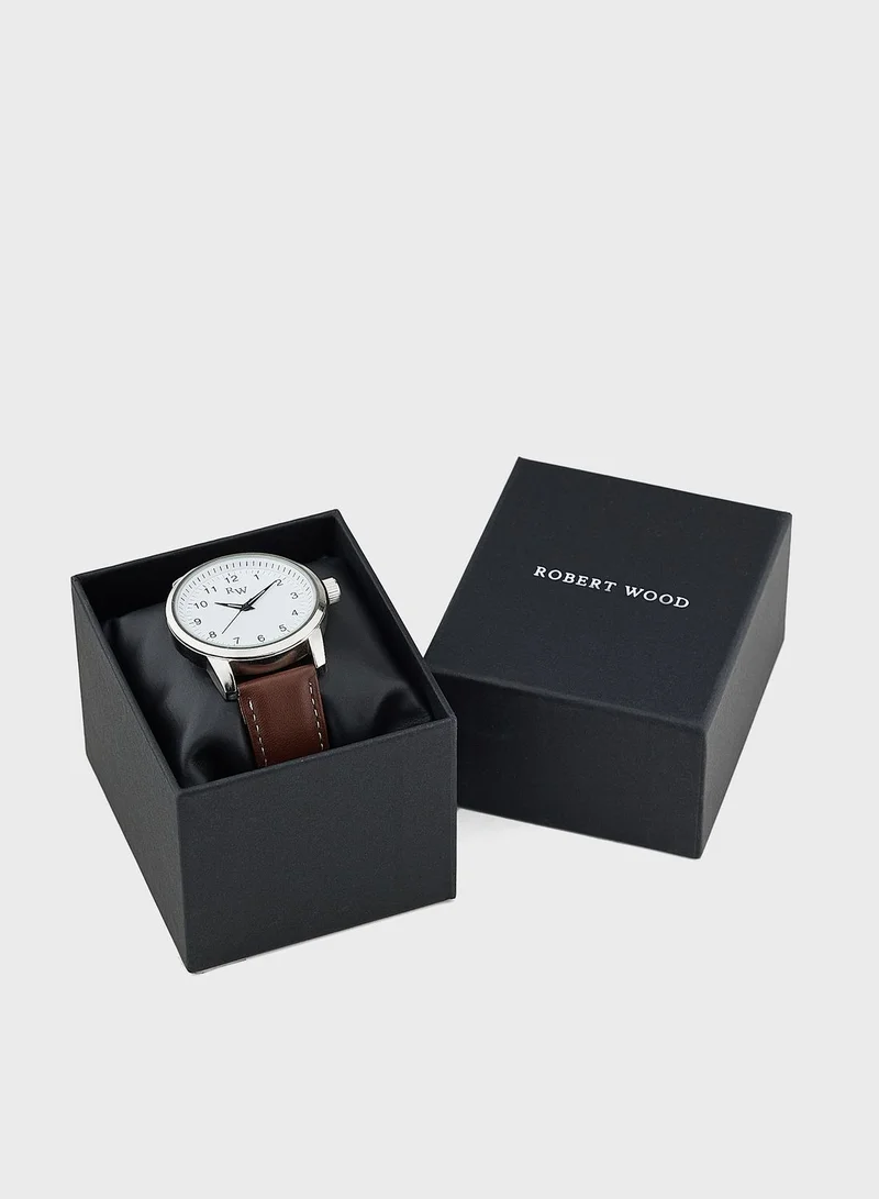 Robert Wood Leather Strap Classic Analogue Watch