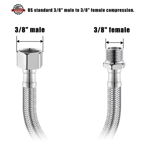 BENELOO Water Supply Extension Line - 8 Inch Long, 3/8" Male Comp. To 3/8" Female Compression Stainless Steel Braided Hose, Fits Toilet Ballcock or Other Faucet Fitting - 2 Pieces - Image 2