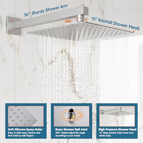 Kurpot Shower System, 10'' High Pressure Brushed Nickel Shower Head with Handheld Spray Combo, Included 59'' Shower Hose, Shower Trim Kit and 2-IN-1 Diverter, Bathroom Shower Faucet Set with Valve - Image 4