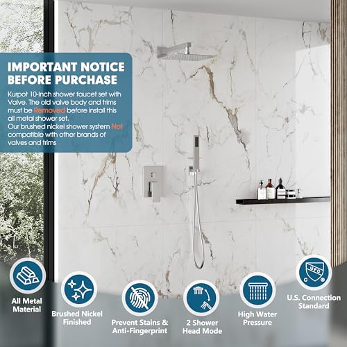 Kurpot Shower System, 10'' High Pressure Brushed Nickel Shower Head with Handheld Spray Combo, Included 59'' Shower Hose, Shower Trim Kit and 2-IN-1 Diverter, Bathroom Shower Faucet Set with Valve - Image 2