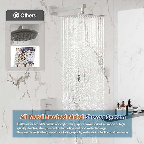 Kurpot Shower System, 10'' High Pressure Brushed Nickel Shower Head with Handheld Spray Combo, Included 59'' Shower Hose, Shower Trim Kit and 2-IN-1 Diverter, Bathroom Shower Faucet Set with Valve - Image 3