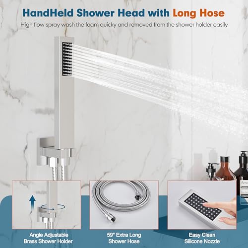 Kurpot Shower System, 10'' High Pressure Brushed Nickel Shower Head with Handheld Spray Combo, Included 59'' Shower Hose, Shower Trim Kit and 2-IN-1 Diverter, Bathroom Shower Faucet Set with Valve - Image 5