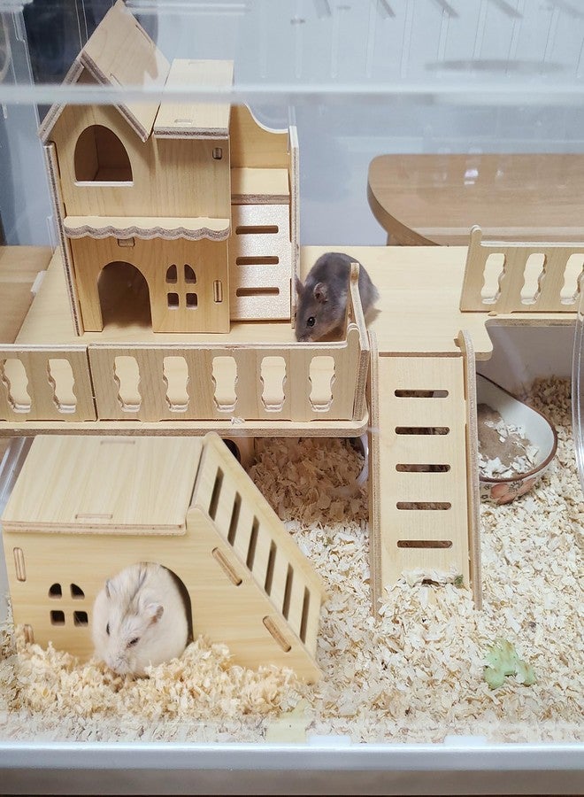 LuckyOpt Wooden Hamster House, Small Hamster Hide with Ramp, DIY Hamsters Hideout for Dwarf Hamsters, Robovsky Mouse Playing Resting Hiding Teeth Grinding (Log-Colored) - Image 2