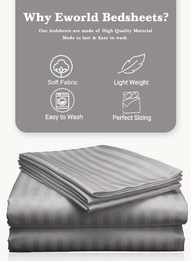 إي وورلد طقم ملاءات فاخر مكون من 3 قطع باللون الرمادي المخطط مع ملاءة سرير بجيوب عميقة وغطاءين للوسائد، مناسب للفنادق والمنازل، مصنوع من ألياف المايكروفايبر فائقة النعومة والقابلة للتنفس لراحة مثالية طوال العام (مفرد/مزدوج) - Image 3