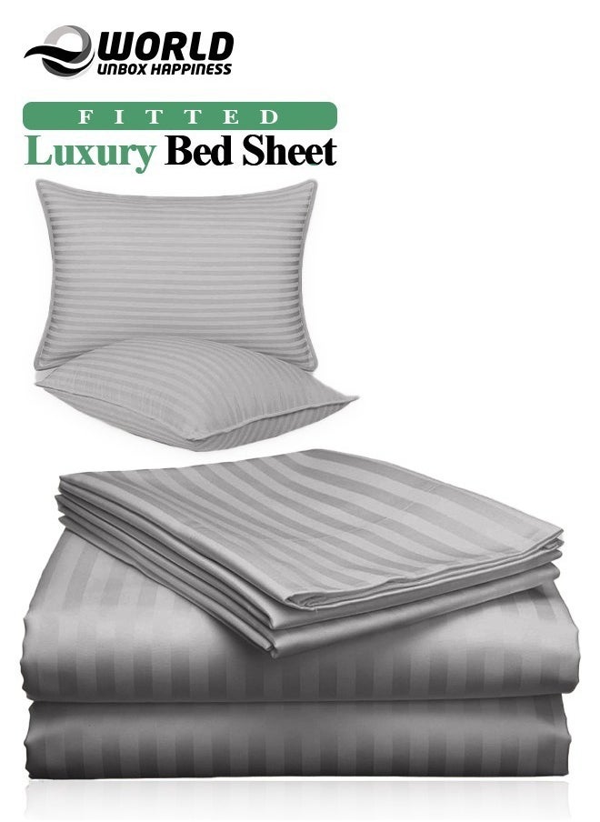 Eworld 3 Piece Luxury Grey Striped Bed Sheet Set with 1 Deep Pocket Fitted Sheet and 2 Pillowcases for Hotel and Home Crafted from Ultra Soft and Breathable Cotton for Year-Round Comfort, (Single/Double)  - Image 1