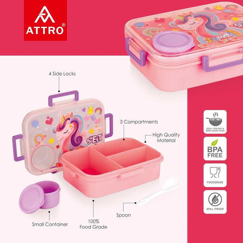 ATTRO صندوق غداء بلاستيكي للأطفال من أريستا مزين برسم يونيكورن مع 3 أقسام ووعاء صغير محكم الإغلاق مقاوم للتسرب خالي من BPA سعة 1200 مل + 80 مل - وردي - Image 2