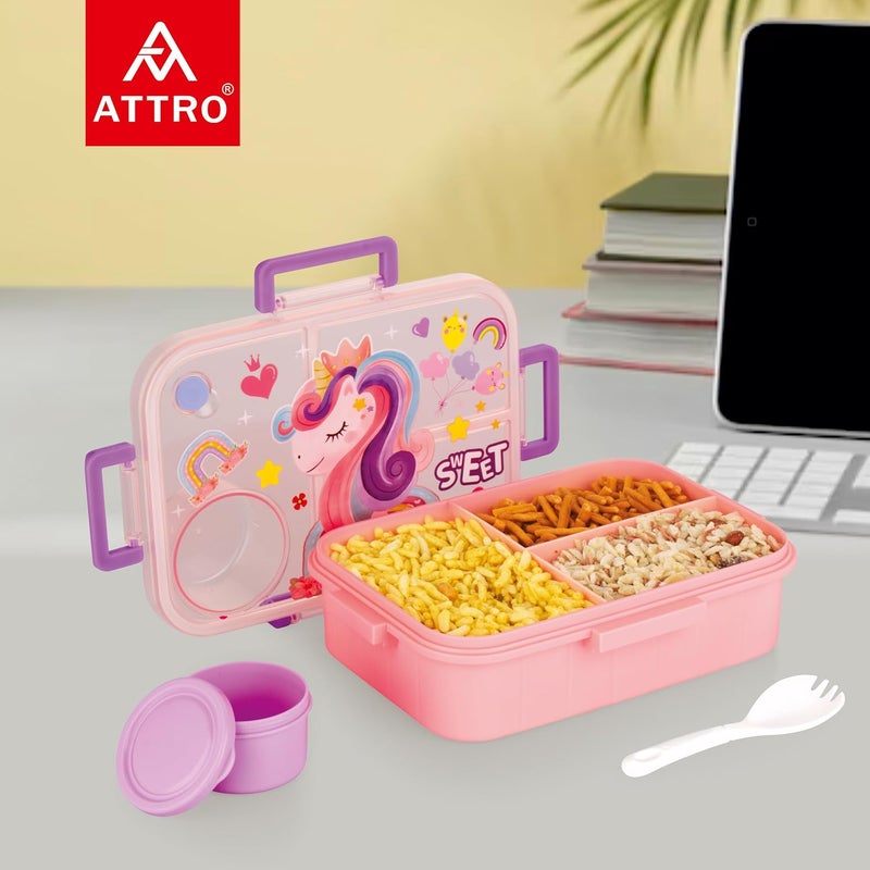 ATTRO صندوق غداء بلاستيكي للأطفال من أريستا مزين برسم يونيكورن مع 3 أقسام ووعاء صغير محكم الإغلاق مقاوم للتسرب خالي من BPA سعة 1200 مل + 80 مل - وردي - Image 5