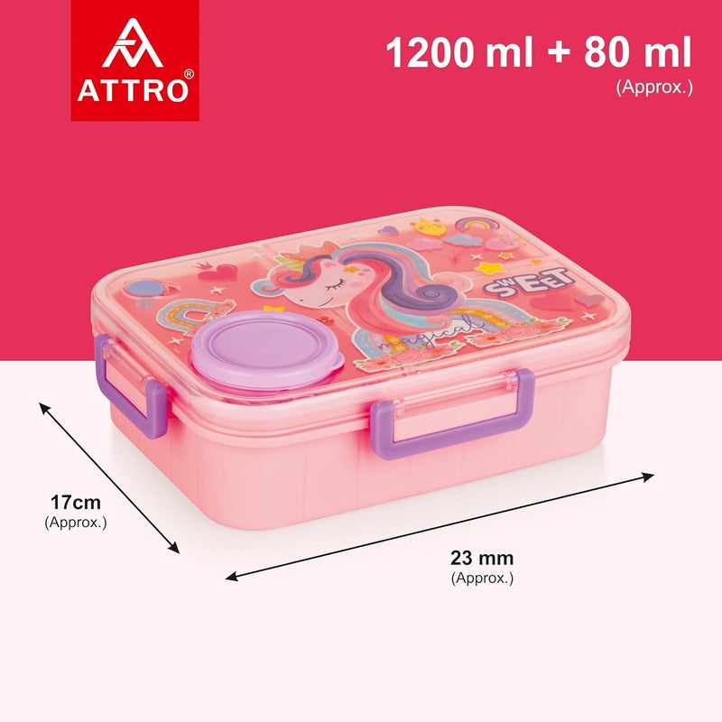 ATTRO صندوق غداء بلاستيكي للأطفال من أريستا مزين برسم يونيكورن مع 3 أقسام ووعاء صغير محكم الإغلاق مقاوم للتسرب خالي من BPA سعة 1200 مل + 80 مل - وردي - Image 4