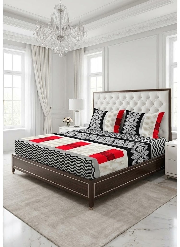 Ever Home Traditional Geometric Pattern Flat Bed Sheet Set in Black, Red & White - 125 GSM Soft Fabric, Includes 2 Matching Pillowcases - Image 1
