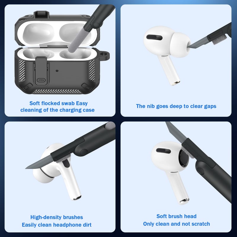 RFUNGUANGO for AirPods Pro Case Cover with Cleaner Kit, Military Hard Shell Protective Armor with Lock for AirPod Pro Charging Case, Front LED Visible,Black - Image 5