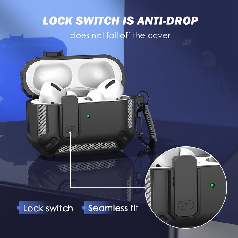 RFUNGUANGO for AirPods Pro Case Cover with Cleaner Kit, Military Hard Shell Protective Armor with Lock for AirPod Pro Charging Case, Front LED Visible,Black - Image 2