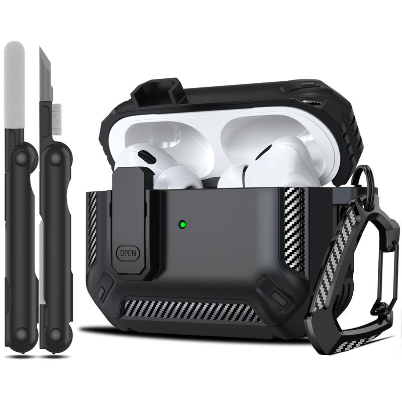 RFUNGUANGO for AirPods Pro Case Cover with Cleaner Kit, Military Hard Shell Protective Armor with Lock for AirPod Pro Charging Case, Front LED Visible,Black - Image 1