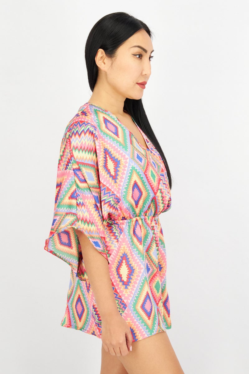 Sinsay Women Geometric Print Sleeveless Playsuit, Pink Combo - Image 3