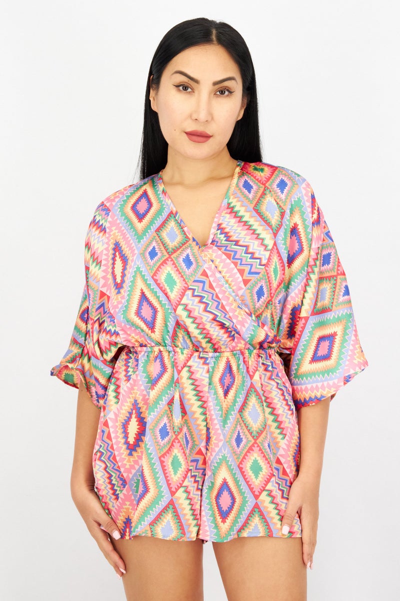 Sinsay Women Geometric Print Sleeveless Playsuit, Pink Combo - Image 1